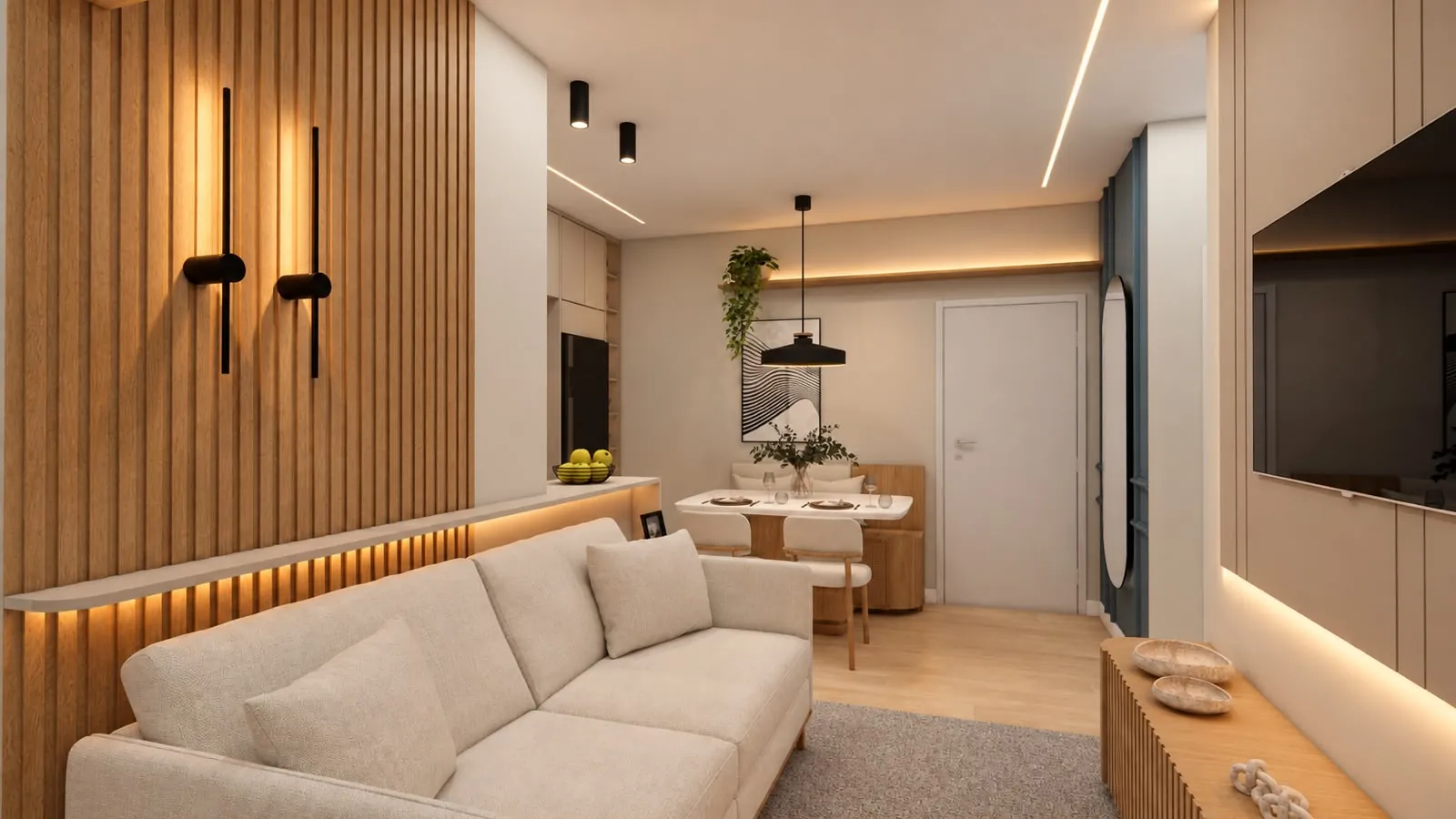 Sala residencial com mobiliário sob medida